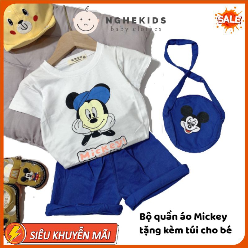 Bộ quần áo trẻ em , Bộ cộc tay bé trai bé gái Mickey tặng kèm túi đeo chéo cho bé Vải thun cotton mát