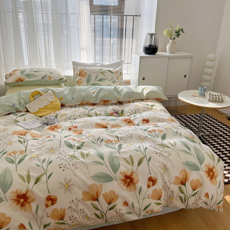 Bộ vỏ chăn ga gối 4 món Cotton Polyester hoa nâu