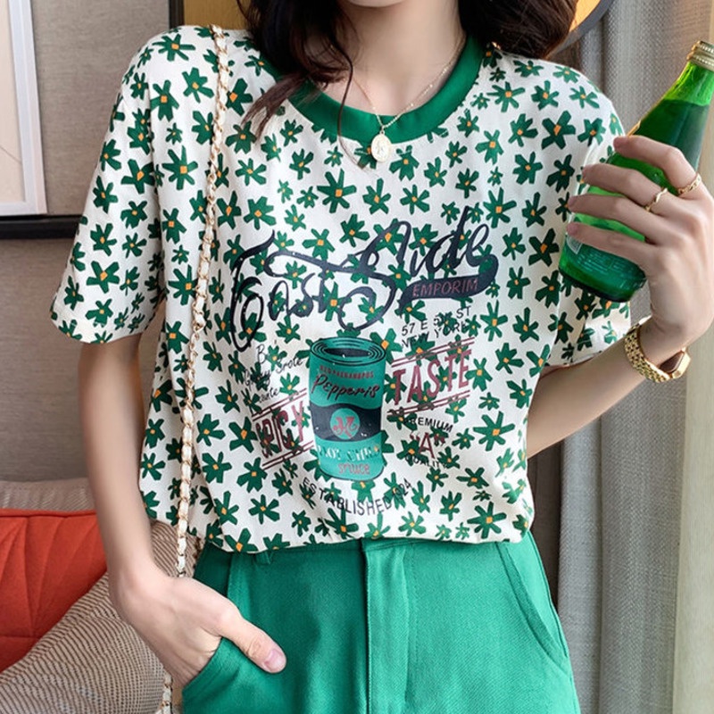 Áo Thun Nữ Tay Ngắn In Hoa Thời Trang Hàn Quốc