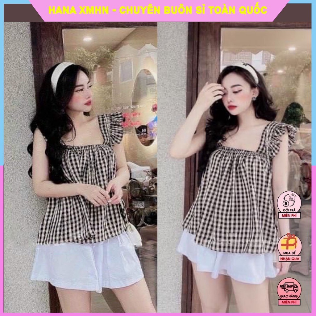 [SET ĐỒ BỘ] Set Trang Phục Nữ Áo 2 Dây Cánh Tiên Kẻ Phối Quần Màu Siêu Thoải Mái