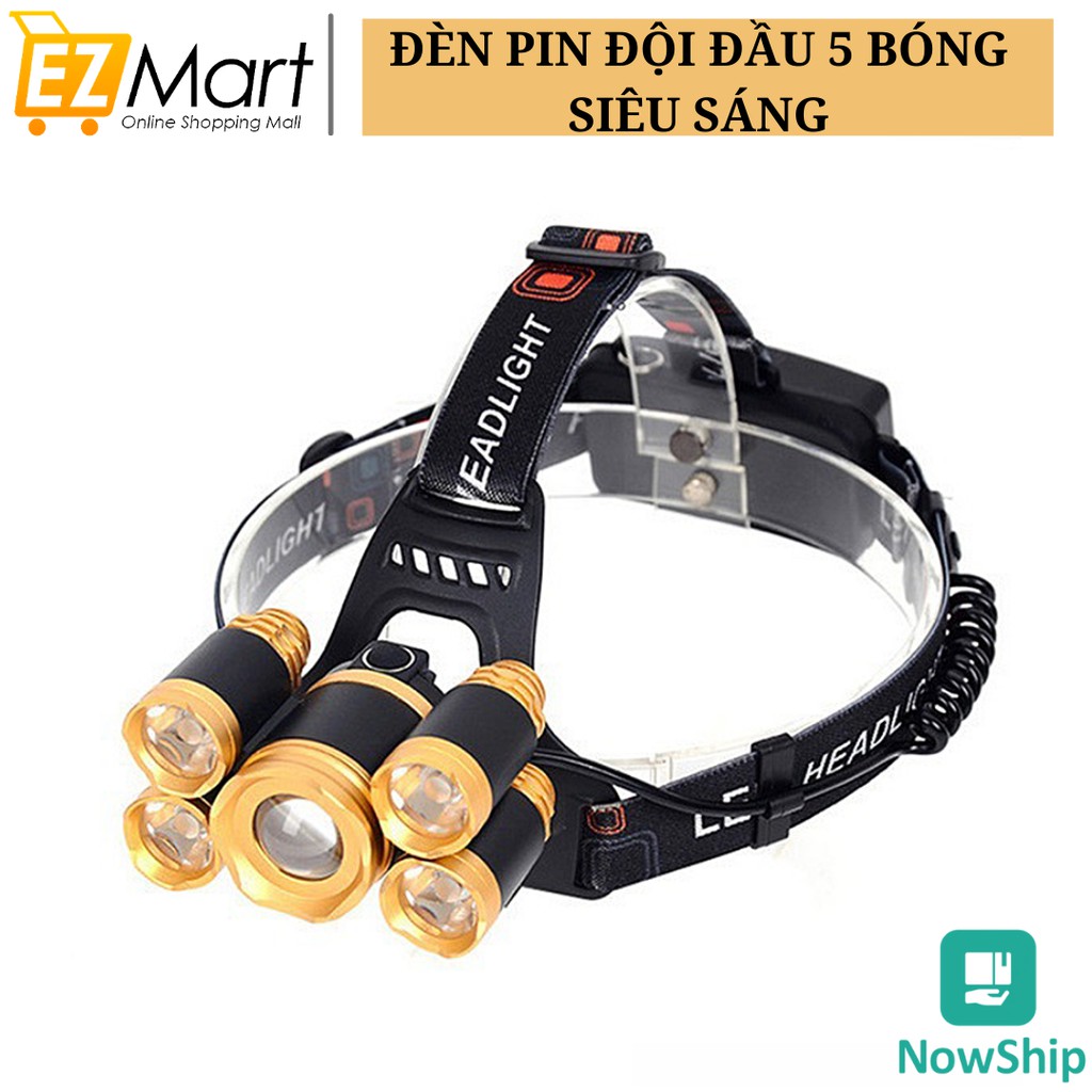 Đèn Pin Đội Đầu 5 Bóng Siêu Sáng 30W - KÈM PIN SẠC - Chế Độ Zoom - Chống Nước IP66