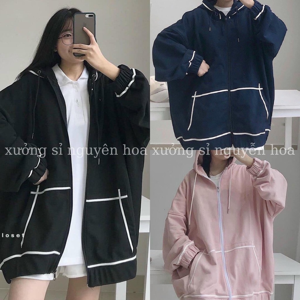 Áo khoác nữ - áo khoác hoodie nỉ viền túi trắng form rộng unisex 3 màu đen/hồng/xanh than Xưởng Sỉ nguyễn Hoa