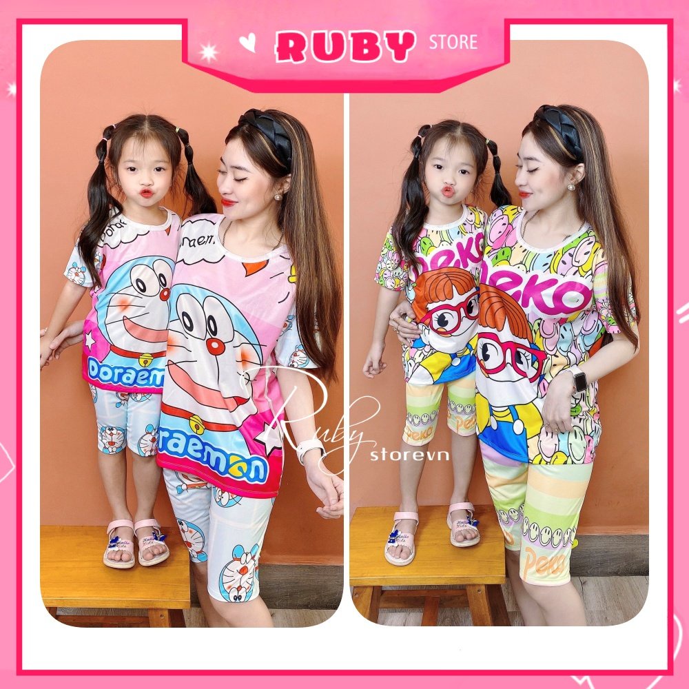 Đồ bộ thun 3D quần LỬNG cho mẹ và bé (CÓ BÁN LẺ) size đến 70kg chất thun mềm mát in hình hoạt hình DBRBL FULL SIZE