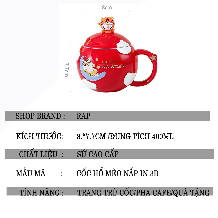 Cốc sứ ly sứ Hổ 2022 400ML có nắp, thìa tặng kèm hộp đáng yêu làm quà tặng, trang trí, đựng cafe,nước,trà-Ráp