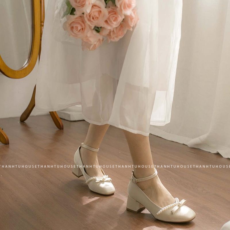 Giày Cao Gót Nữ Mary Jane Mũi Vuông Phối Nơ Ngọc Ulzzang Mang Được 2 Kiểu - GD012