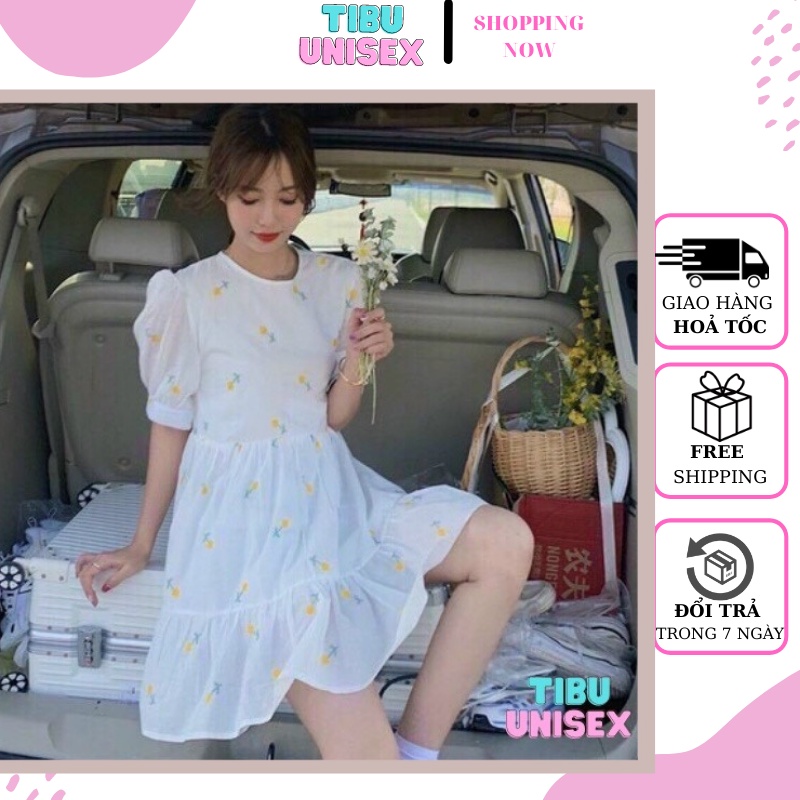 Đầm hoa nhí vintage TIBU, Váy Babydoll cổ cúc body tay phồng ulzzang thắt eo tiểu thư