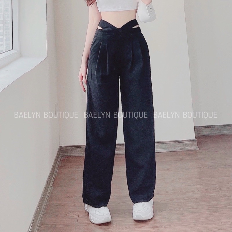 Quần suông ống rộng khuyết eo tôn dáng màu xanh và đen dành cho nữ - Hàng chuẩn QCCC | BigBuy360 - bigbuy360.vn