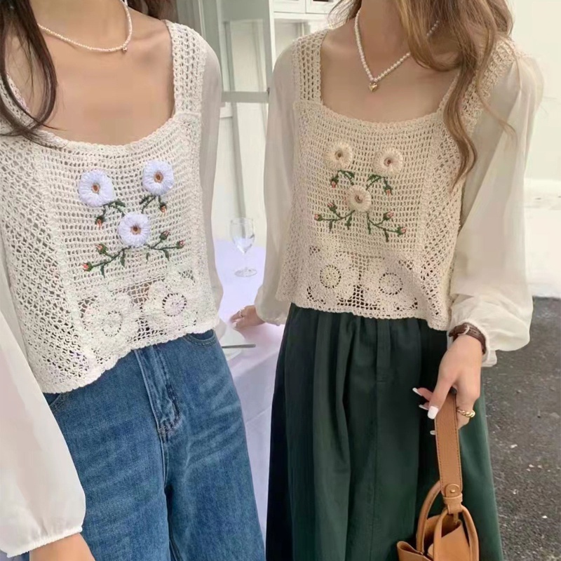 Brroa Áo Croptop Dệt Kim Chiffon Tay Dài Phồng Cổ Vuông Thêu Hoa Rỗng Kiểu Retro Cho Nữ