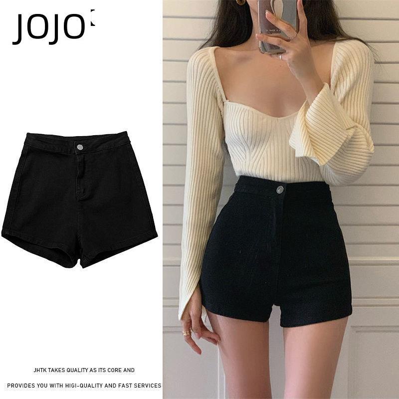 Quần Short Denim Màu Đen Lưng Cao Siêu Co Giãn Thời Trang Mùa Hè Cho Nữ