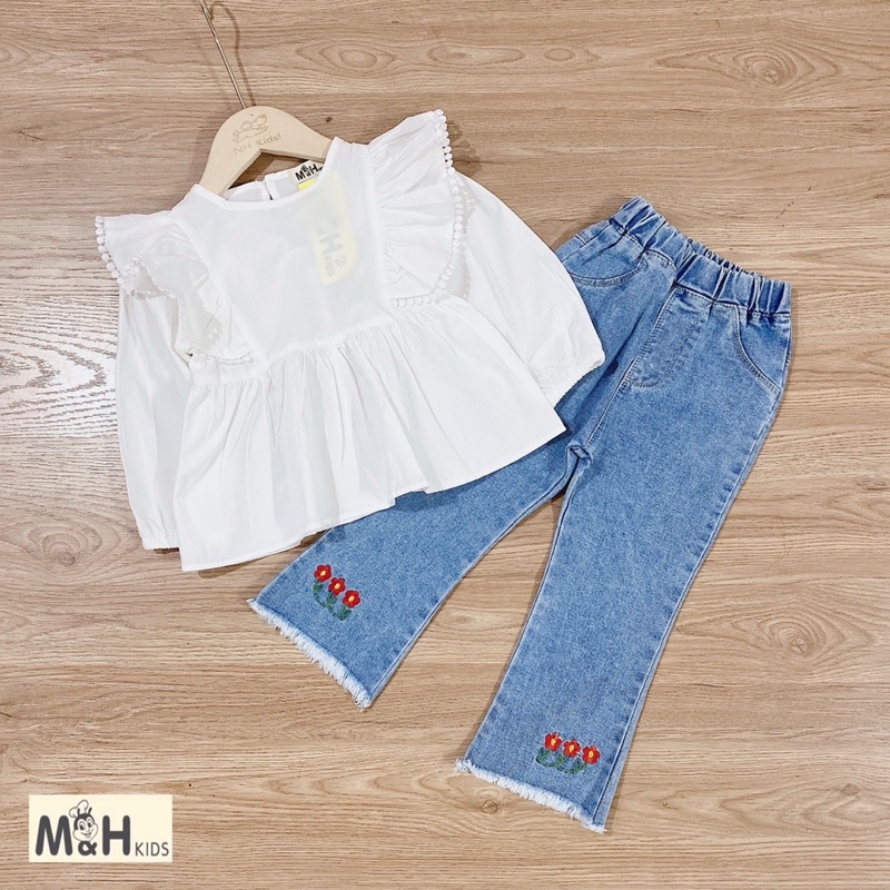 Set đồ đi học cho bé gái 6 tuổi, bộ croptop quần jean suông cho bé, áo nơ đũi quần lửng ống rộng cho bé