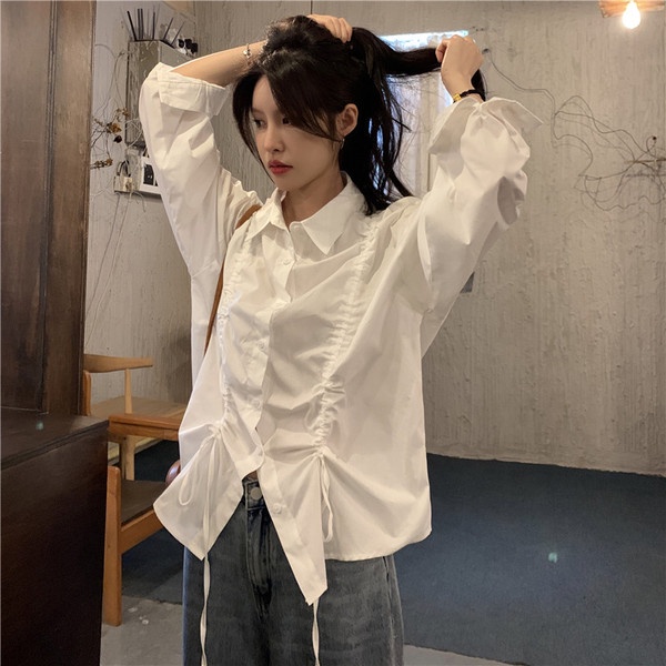 Áo Kiểu Tay Dài Dáng Rộng Phối Dây Rút Phong Cách Thời Trang Hàn Quốc Cho Nữ