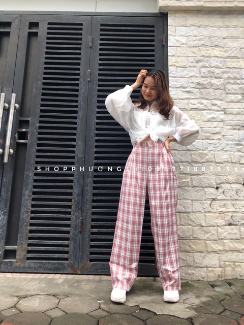 Quần kẻ hồng ulzzang ( hình shop tự chụp/ sẵn)