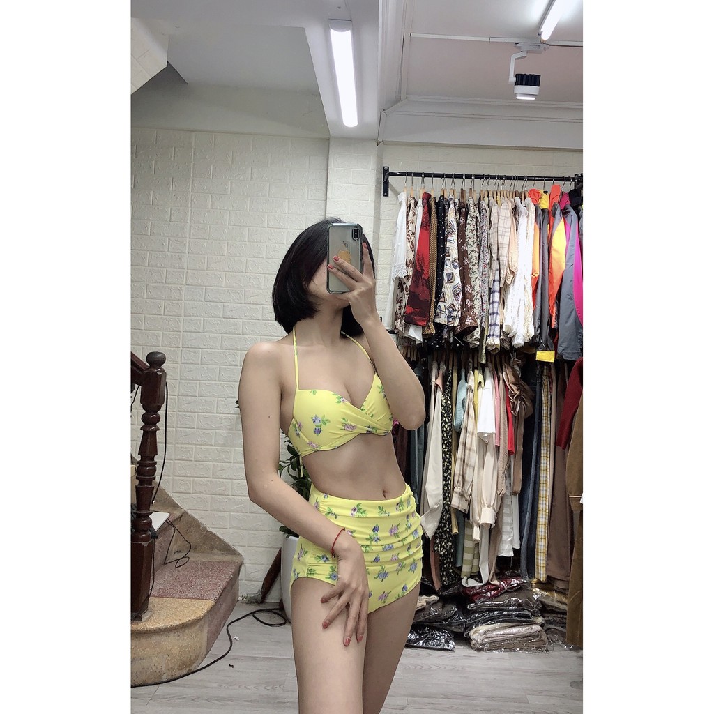 Đồ bơi, bikini hai mảnh nền vàng ️Freeship️ hoa nhí độn gọng nâng ngực mặc đi biển đi bơi chụp ảnh