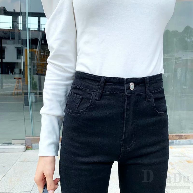 Quần Jean Dài Lưng Cao Ống Loe Màu Trơn Thời Trang Trẻ Trung
