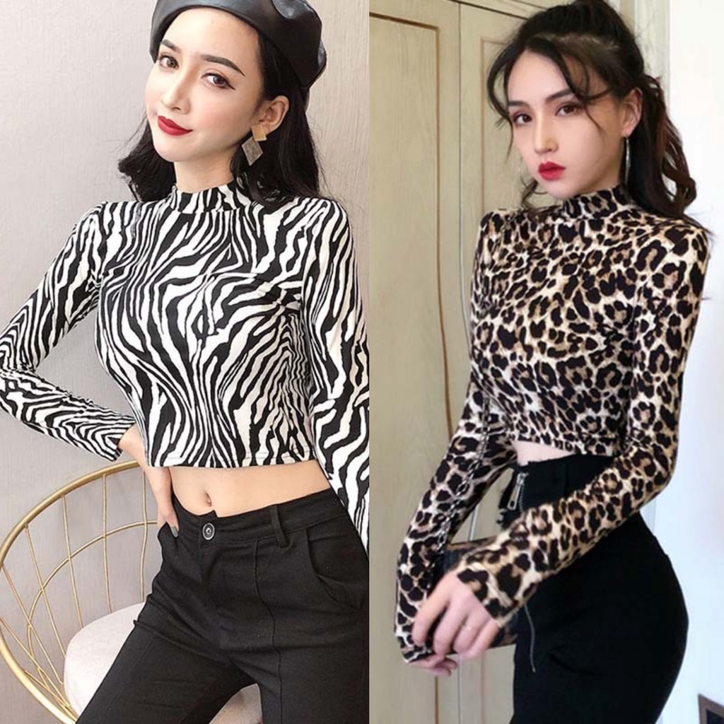 Áo croptop cổ lọ tay dài họa tiết da báo/ sọc vằn cá tính cho nữ