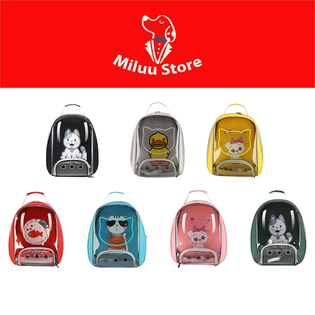 Balo chó mèo Miluu Store, mặt kính trong suốt, chất liệu nhựa dẻo, dễ dàng gấp gọn + họa tiết hoạt hình dễ thương