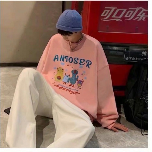 Áo sweater thể thao tay dài cổ tròn dáng rộng họa tiết hoạt hình phong cách đường phố hong kong cho nam