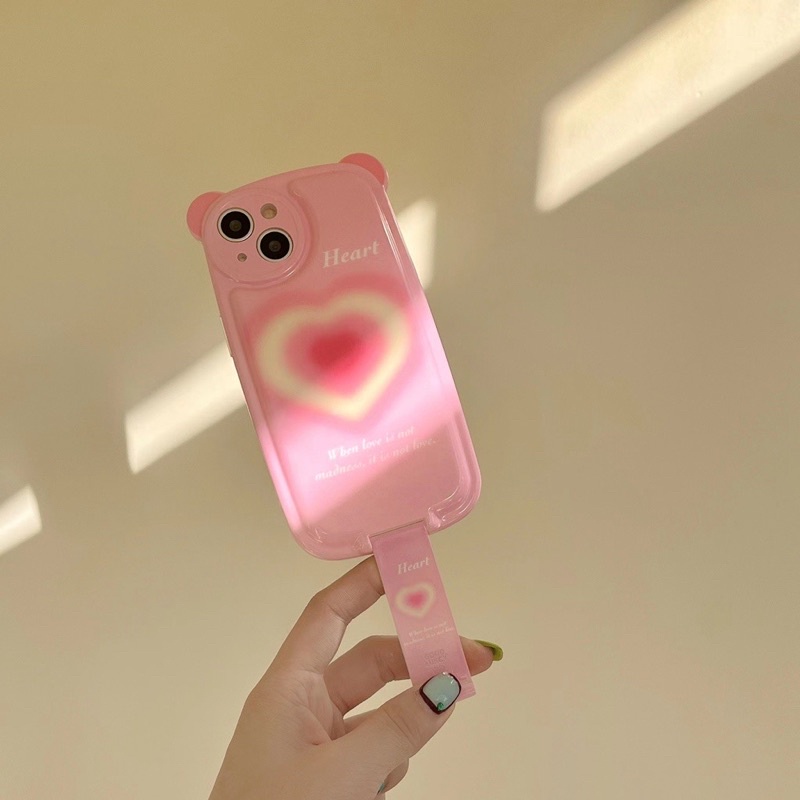 Ốp lưng iphone mềm dẻo chống sốc có tai mèo và chân để bàn tiện lợi nhỏ gọn kéo ra vô trái tim màu hồng