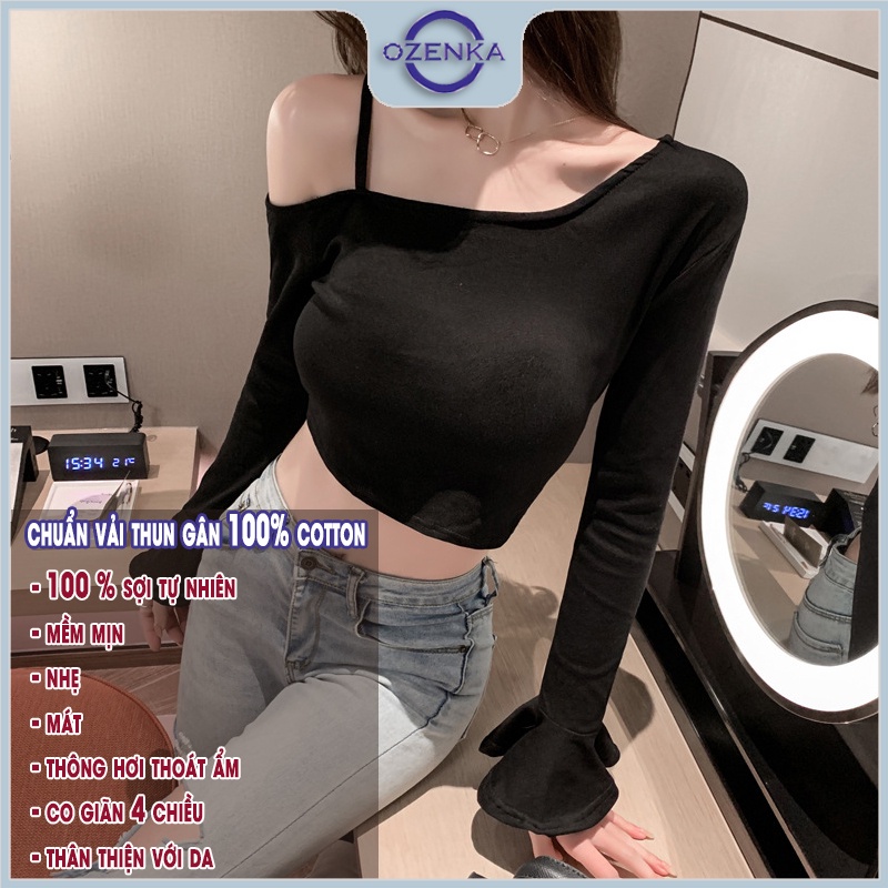 Áo croptop trễ vai tay xoè dài  nữ OZENKA , áo crt kiểu cổ rộng chất thun gân mềm mịn mát 100% cotton đen trắng