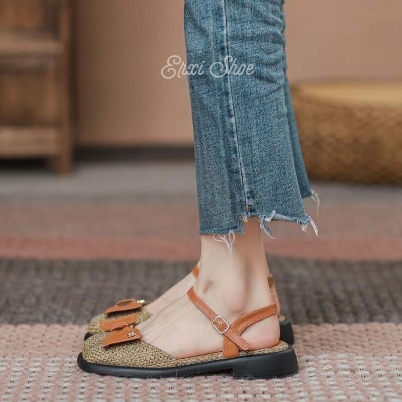 Oeggeo Xăng đan Thắt Nơ Thẳng Thời Trang Giản Dị Dành Cho Bạn Nữ