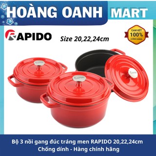 Rapido - bộ 3 nồi gang đúc tráng men 20,22,24cm - chống dính - hàng chính hãng