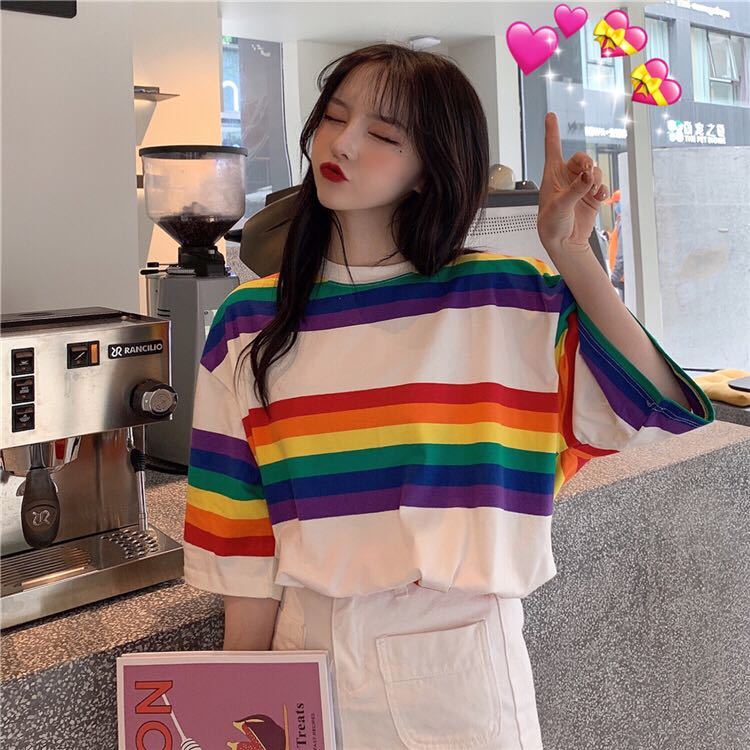 Áo Thun Ngắn Tay Dáng Rộng Họa Tiết Kẻ Sọc Màu Cầu Vồng Phong Cách Hàn Quốc Thời Trang Cho Nữ