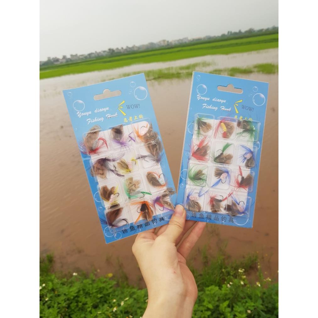 Combo 12 con mồi gắn lông vũ cánh bướm câu rô phi,câu mương,lóc,ngão,....