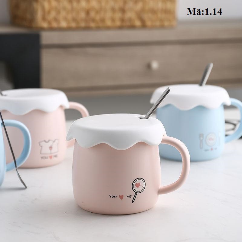 Cốc sứ có nắp và muỗng hình quả bơ, họa tiết cá, ly uống nước: 1.2.13