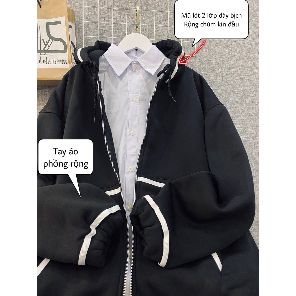 Áo khoác nỉ LylyshopUnisex, kiểu áo hoodie zip phối viền chất nỉ lót bông dày dặn, form overisize siêu rộng có túi | BigBuy360 - bigbuy360.vn