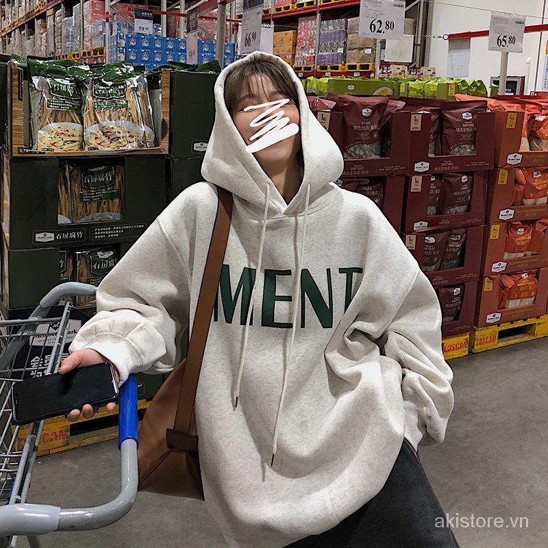 M-2XL Áo Hoodie Tay Dài Dáng Rộng In Chữ Kiểu Retro Hàn Quốc Thời Trang Cho Nữ JhmT