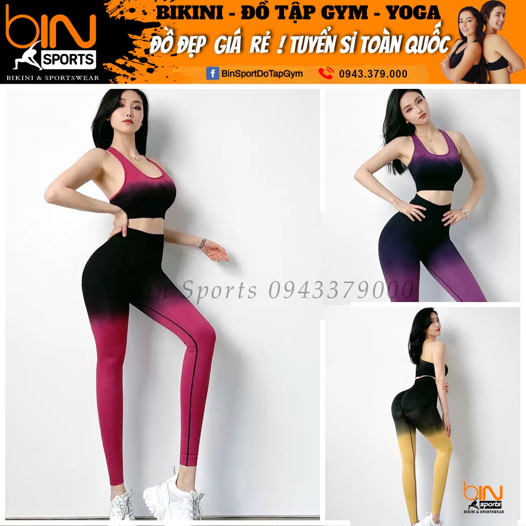 Đồ tập gym yoga nữ, set bộ dệt kim ombre NAQIYABEI áo bra quần dài chun mông tôn dáng cao cấp Bin Sports BD139