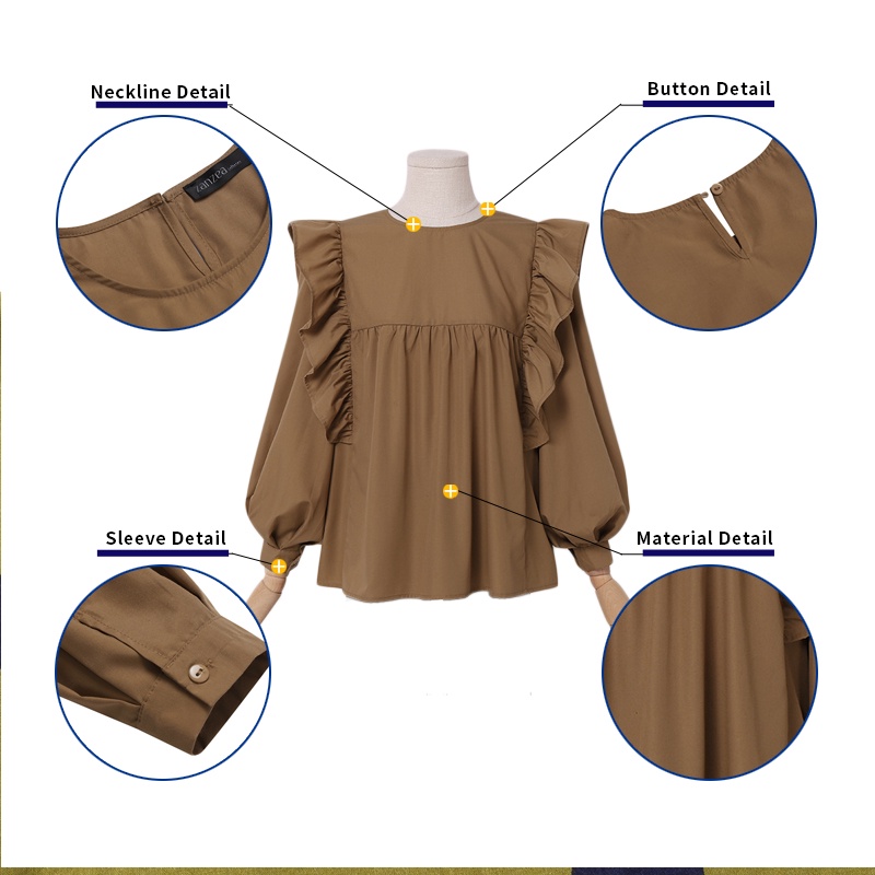 Áo kiểu Zanzea tay dài phồng cổ tròn phối viền nhún bèo thời trang cho nữ