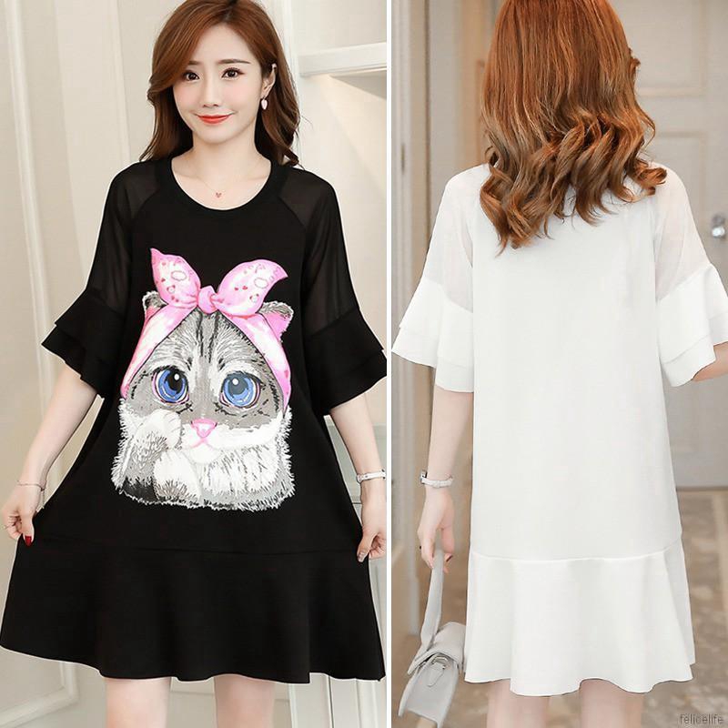 Đầm tay lỡ cổ tròn hoạ tiết mèo đáng yêu
