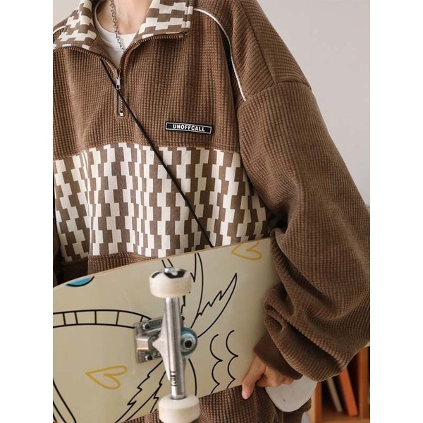Áo Sweater Cổ Polo Dáng Rộng Họa Tiết Sọc Caro Phong Cách Retro Mỹ Thời Trang Cho Nam