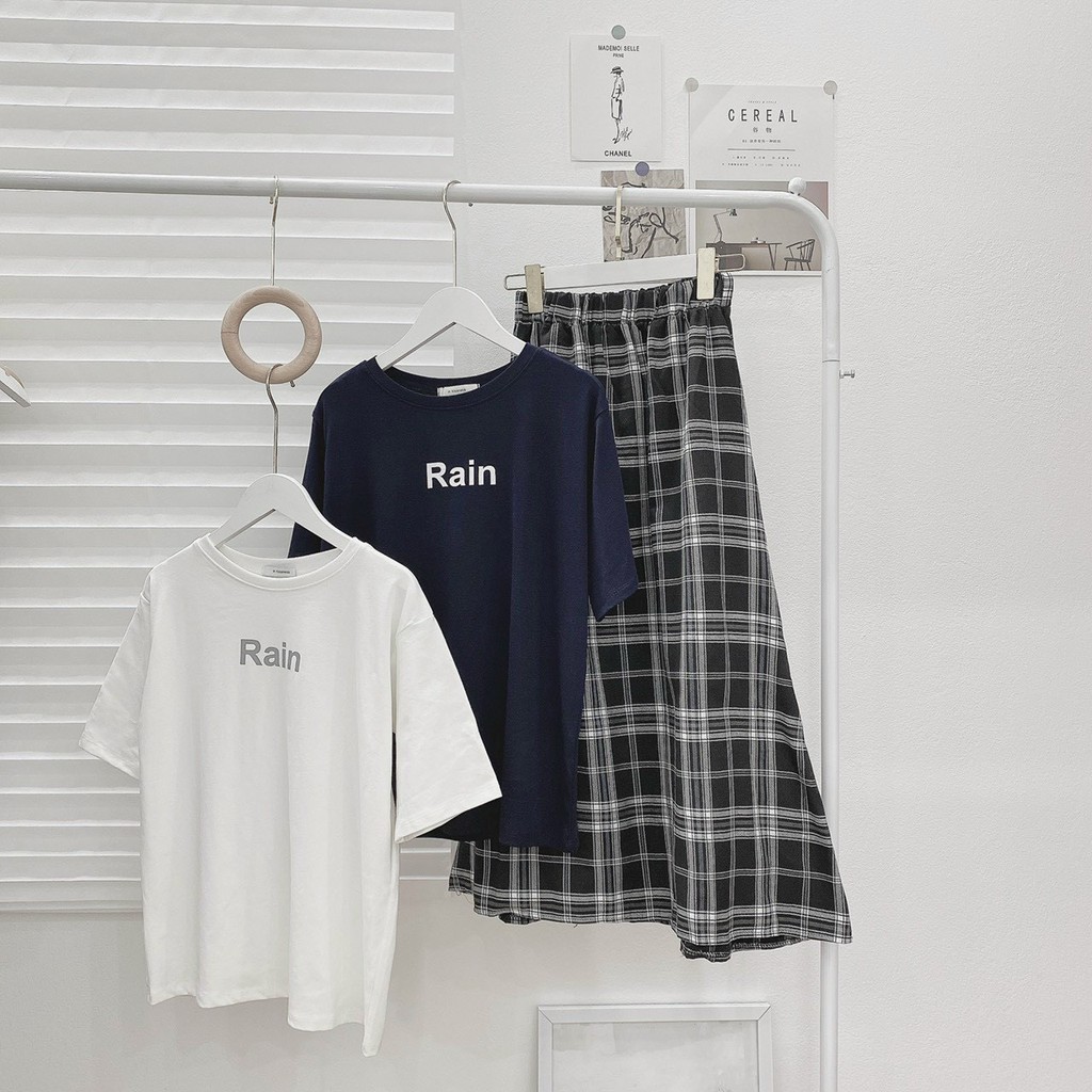 áo thun, áo phông BASIC mix chân váy kẻ CARO dáng dài