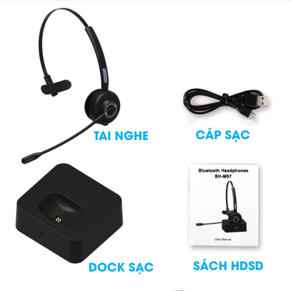 Bộ tai nghe bluetooth đàm thoại chuyên nghiệp M97,hỗ trợ tele sale,mic chống ồn cực rõ,có dock sạc