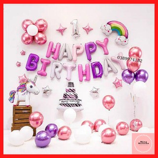 Trang trí sinh nhật bé gái - Set bóng bay trang trí sinh nhật cho bé gái ngựa pony tone hồng tím đầy đủ bóng giống hình