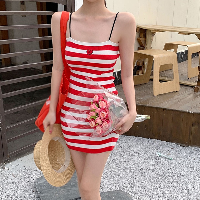 Đầm Dây Dài Tới Gối Không Tay Họa Tiết Sọc Trái Tim Gợi Cảm Phong Cách Hàn Quốc Dành Cho Bạn Nữ