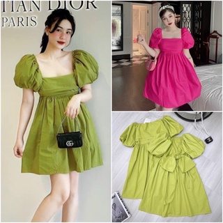 Váy babydoll xanh cốm thắt nơ sau lưng cổ vuông tay bồng dáng xòe hàng thiết kế sang chảnh dễ thương-7shine