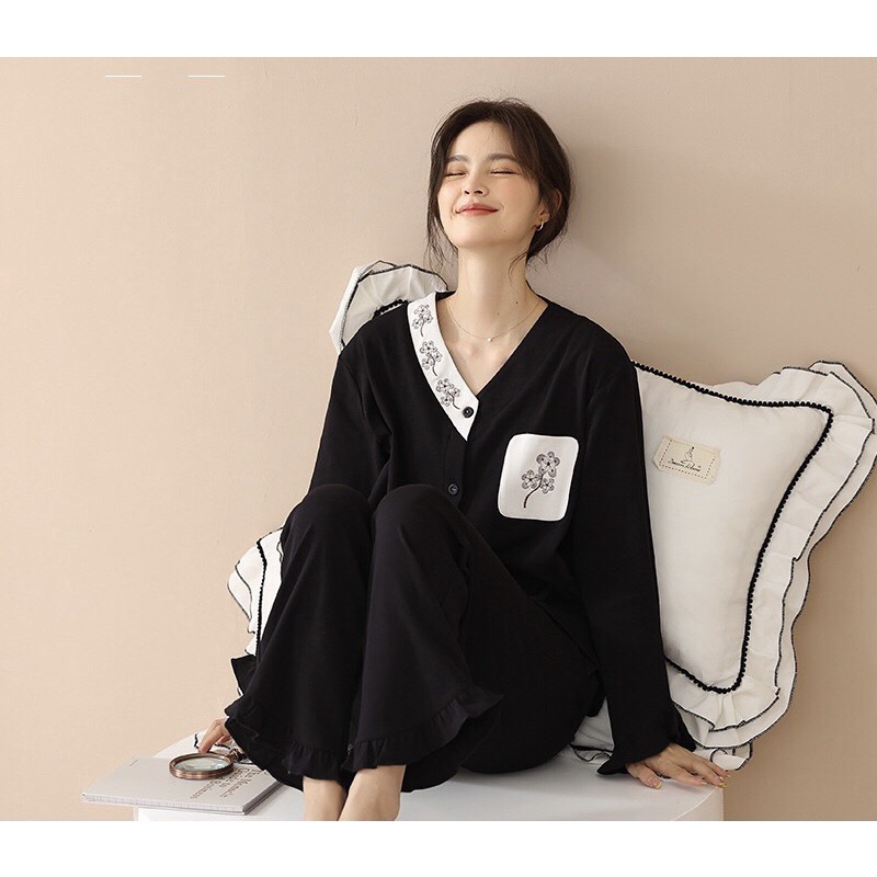 Bộ mặc nhà cotton dài tay thu đông cổ V thêu Hoa Anh Đào cao cấp