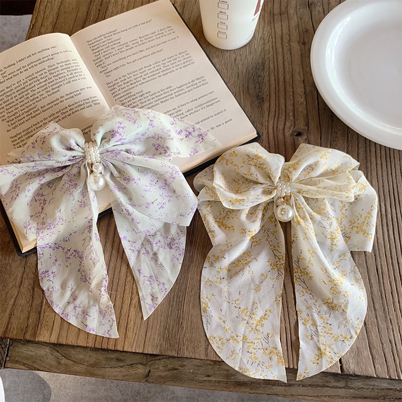 Kẹp Tóc Mỏ Vịt Thắt Nơ Lưng Bằng Vải In Họa Tiết Hoa Nhỏ Ngọt Ngào Cho Nữ