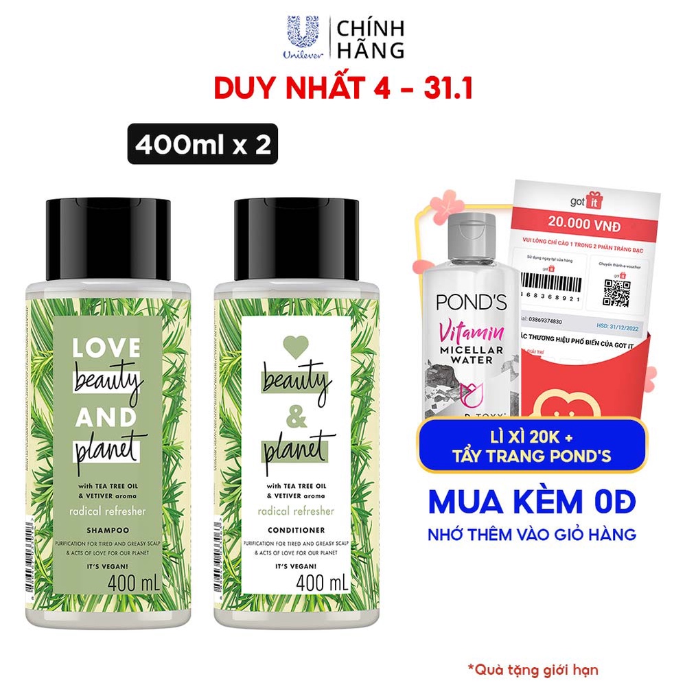 Combo dầu gội xả LBP detox sạch sâu với 100% tinh dầu tràm trà Úc và hương cỏ vetiver 400ml