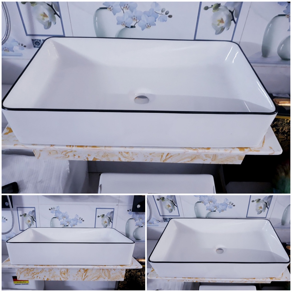 Lavabo chữ nhật trắng viền đen