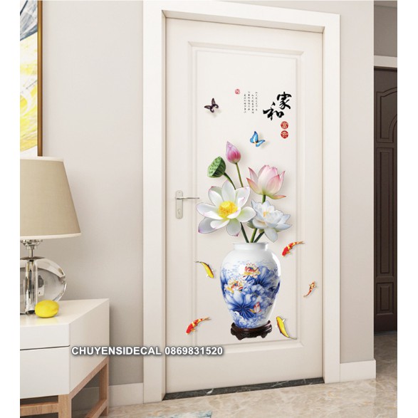 Decal dán tường - Chậu Sen Trắng 3D quý phái