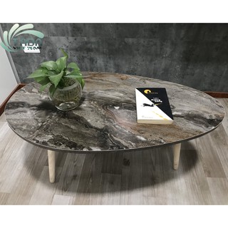 Bàn trà, bàn sofa hình trứng mặt đá hoa cương TADA, chân gỗ tự nhiên (TD04)