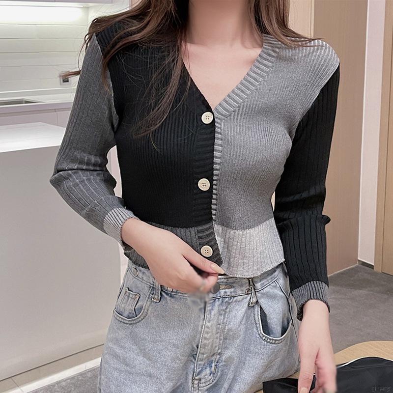 Áo Cardigan Dệt Kim Tay Dài Cổ Chữ V Màu Sắc Tương Phản Phong Cách Hàn Quốc Cho Nữ
