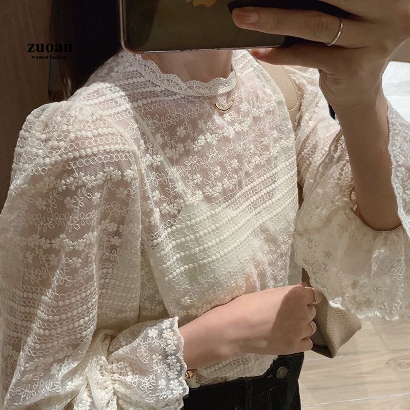 SUXI Áo Blouse Nữ Tay Dài Phối Ren