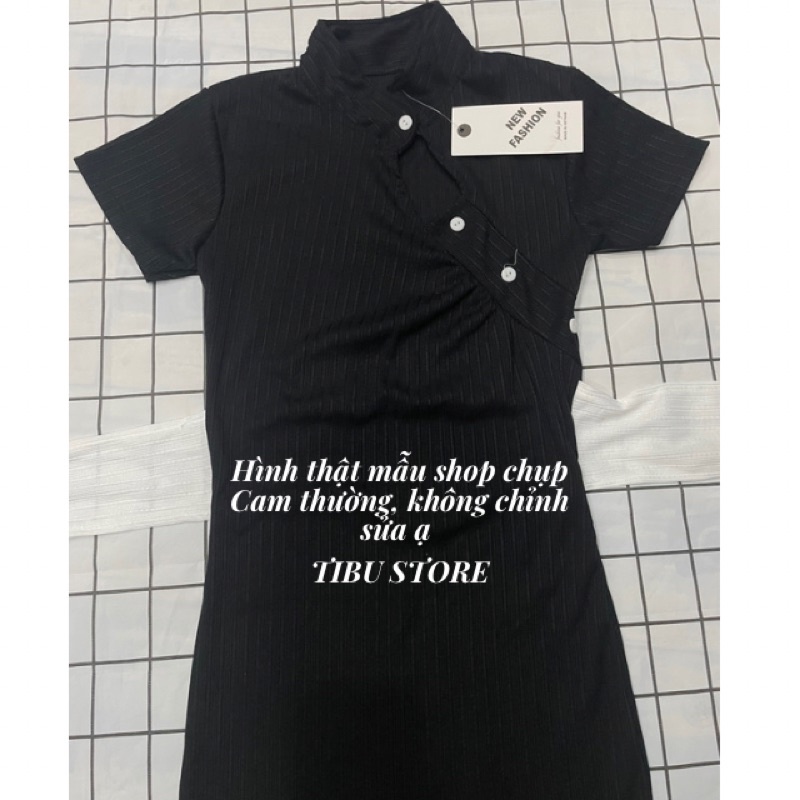 Đầm Body Cổ Tàu Hở Lưng TIBU, Váy Nữ Ôm Dáng Sexy Phối Nơ Sau Lưng Cực Xinh