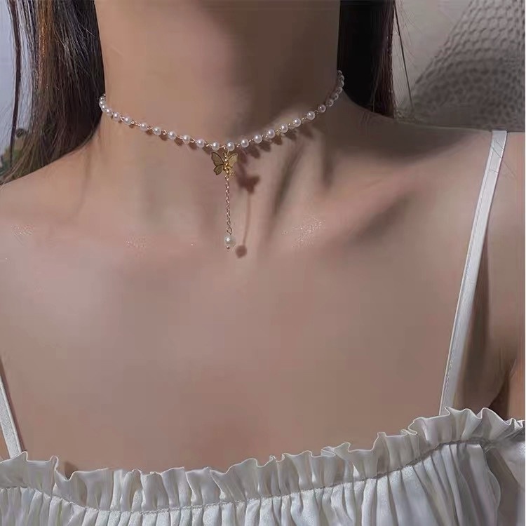 Vòng cổ Mặt Hình Bướm Đính Ngọc Trai Và Ngọc Trai Phong Cách Pháp