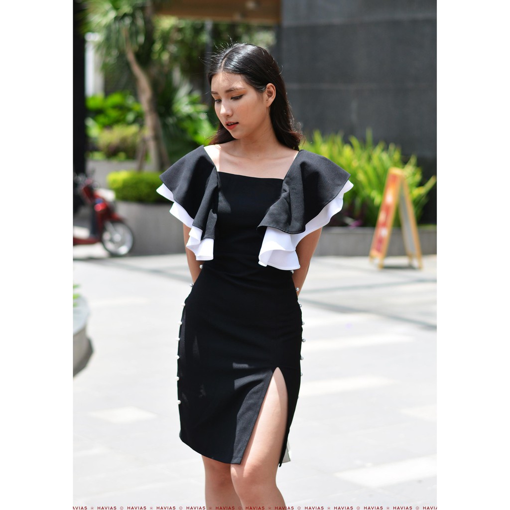 Đầm Cascade Sleeve White Pearls Line Black Dress HAVIAS